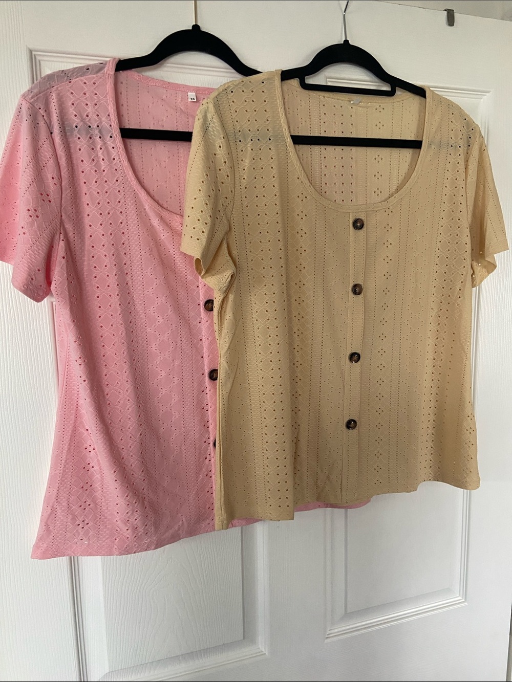 Women’s Eyelet Short Sleeve Button Top - Pink & Tan